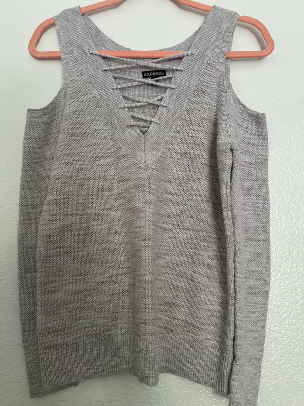 Express Light Gray Lace-Up Cold Shoulder Knit Tank